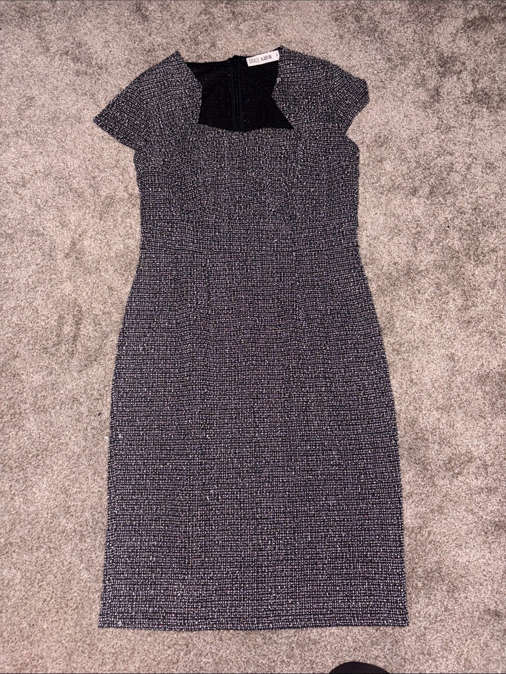Grace Karin Black Tweed Midi Dress